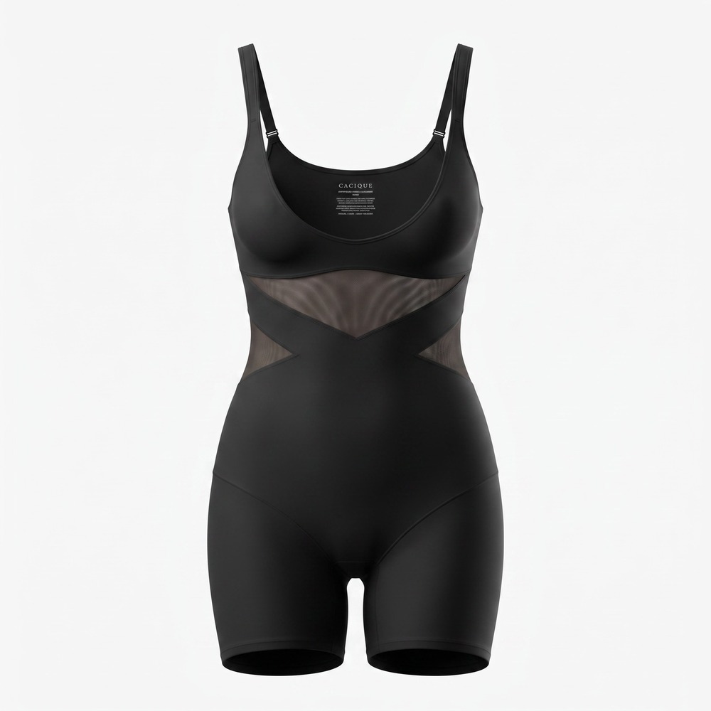 Cacique Open-Bust Thigh Shaper Women 18/20 Black Mesh Panel Firm Control 5421